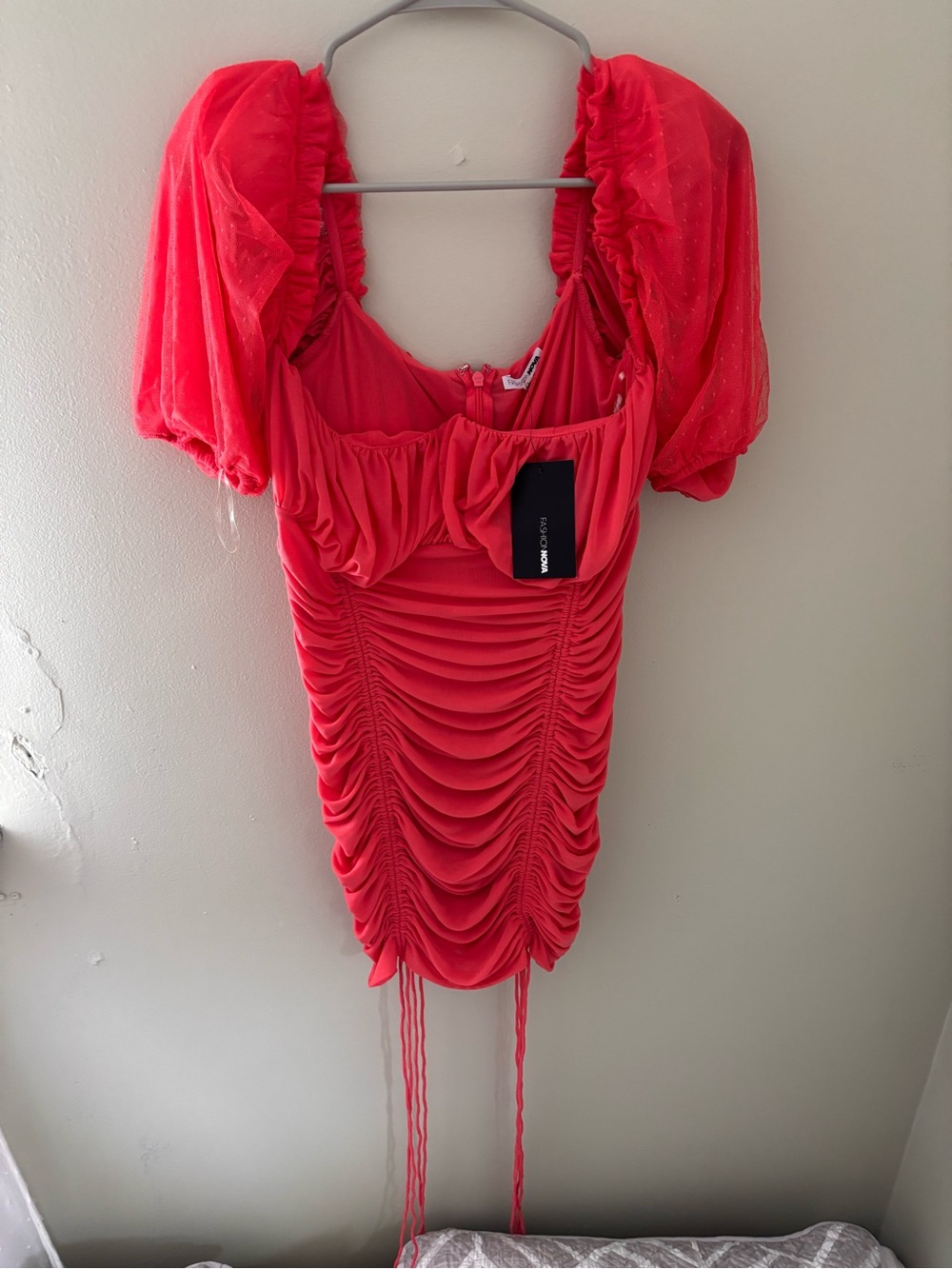 Fashion Nova Red Ruched Puff-Sleeve Mini Dress